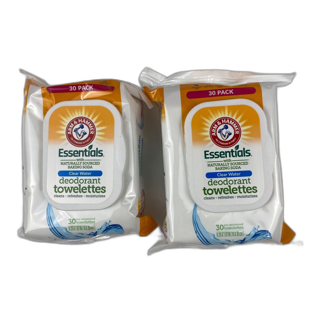 Arm & Hammer Essentials Clear Water Deodorant Towelettes 30ct. Set of 2 Vegan